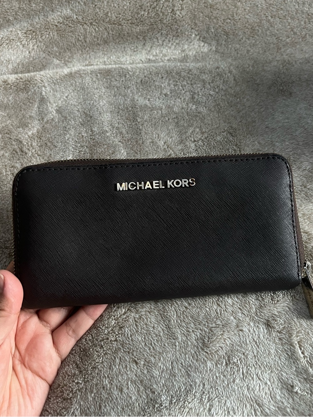 Michael Kors Brown Saffiano Zip Wallet with Gold-Tone Hardware